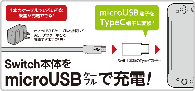 Switch本体をmicroUSBケーブルでで充電！ microUSB B端子をTypeC端子に変換するコネクター