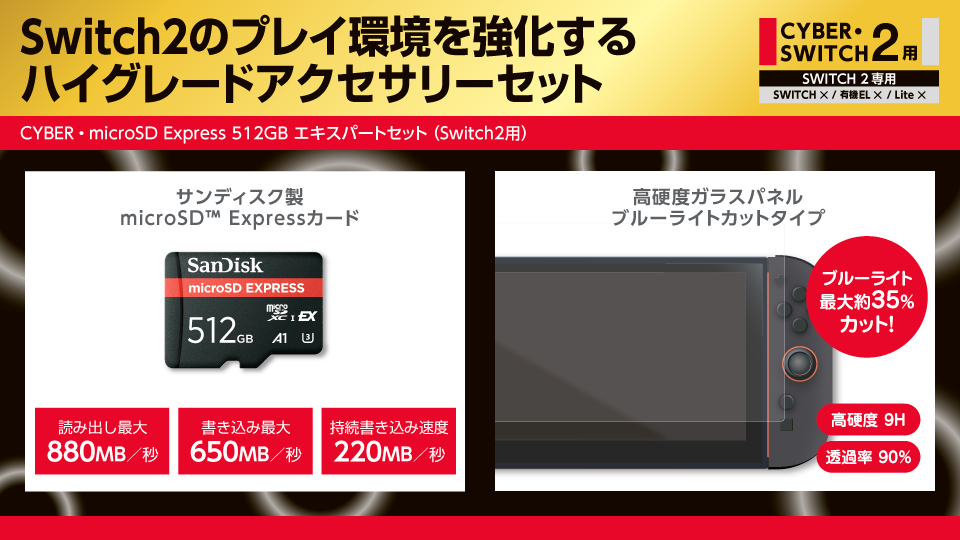 Switch2のプレイ環境を強化するハイグレードアクセサリーセット　CYBER・microSD Express 512GB エキスパートセット（Switch2用）