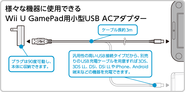 様々な機器に使用できる Wii U GamePad用小型USB ACアダプター