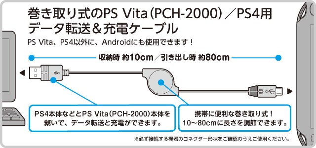 巻き取り式のPS Vita（PCH-2000）／PS4用 データ転送＆充電ケーブル　PS Vita、PS4以外に、Androidにも使用できます！